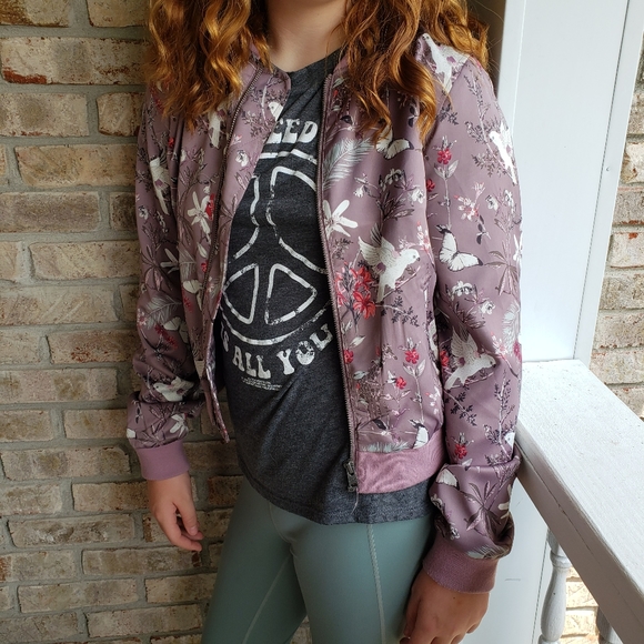 Aeropostale Purple Floral Satin Bomber Jacket M - Picture 6 of 16